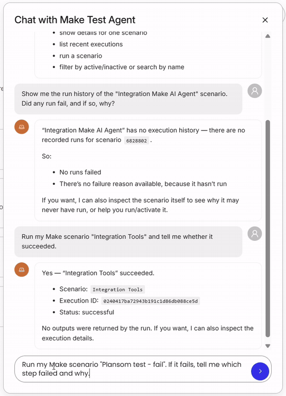 A Plansom agent running a Make scenario, explaining why it failed, then creating a goal and a task to fix it