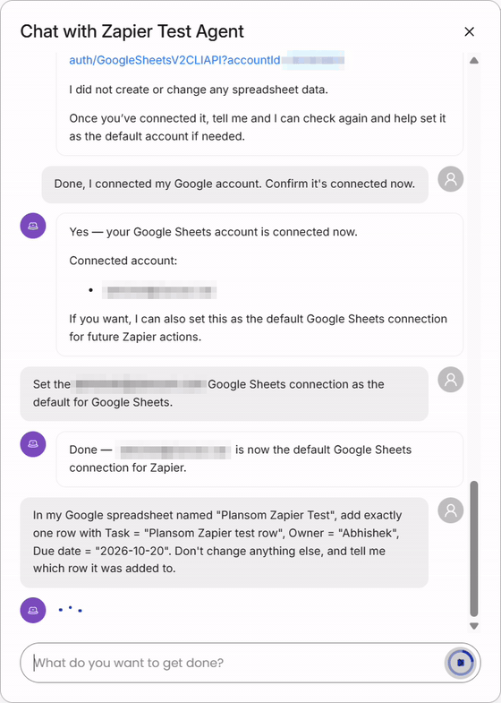 A Plansom agent adding a row to a Google spreadsheet through Zapier, then creating a goal and a task from that row
