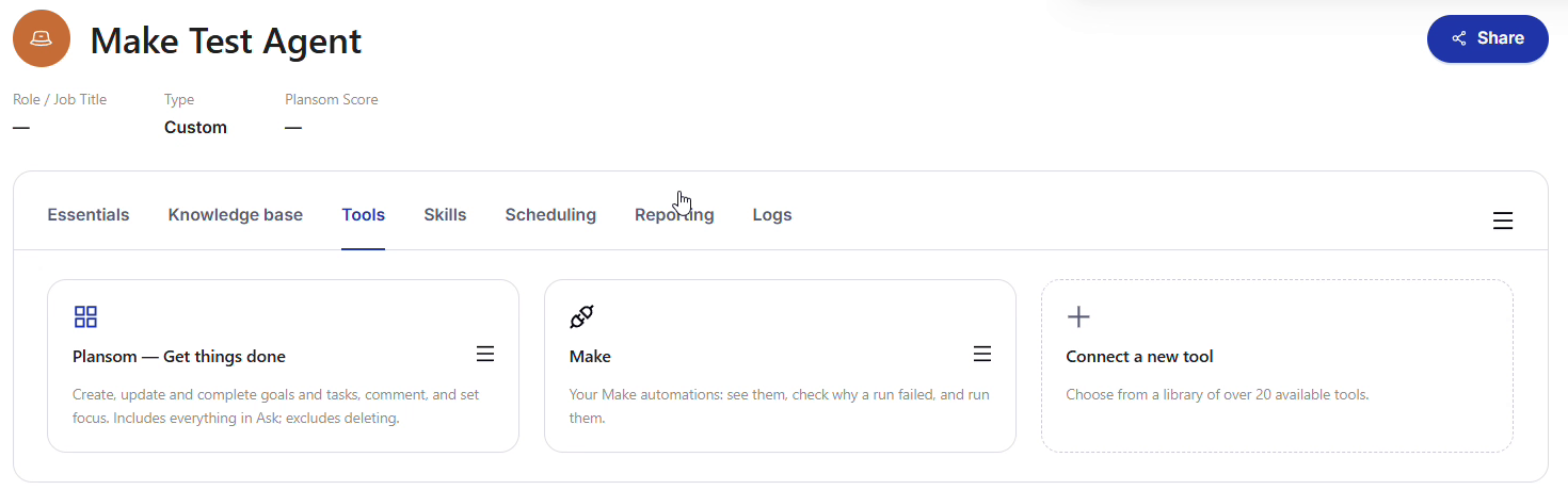 Make and Plansom added as tools on an agent
