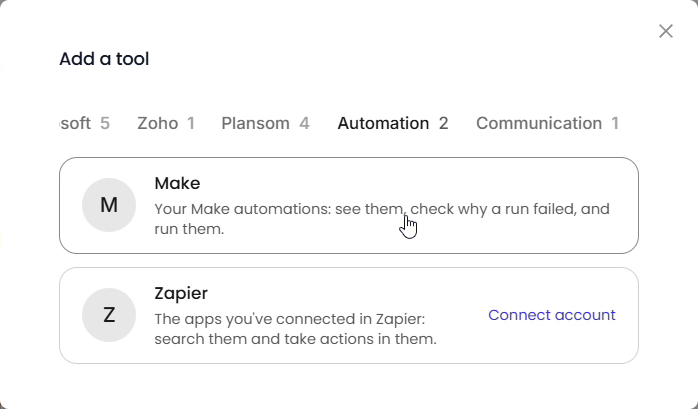Adding Make as a tool from an agent's Tools tab