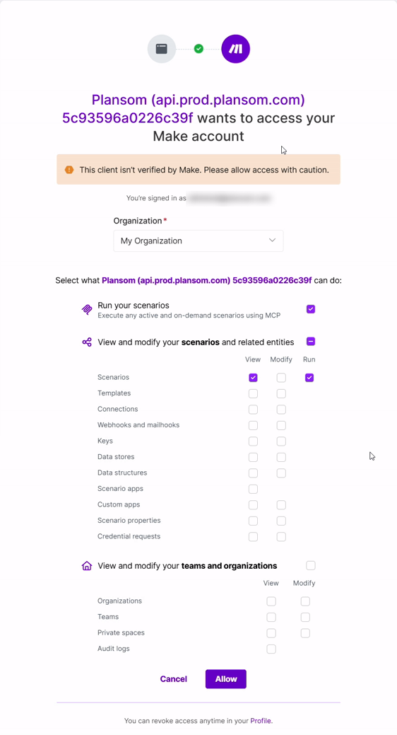 Choosing an organization and allowing Plansom's permissions on Make's authorization screen