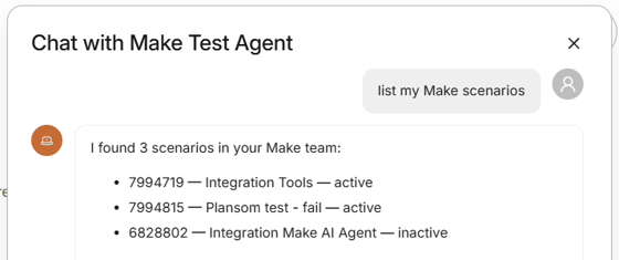 A Plansom agent listing the Make scenarios in your account