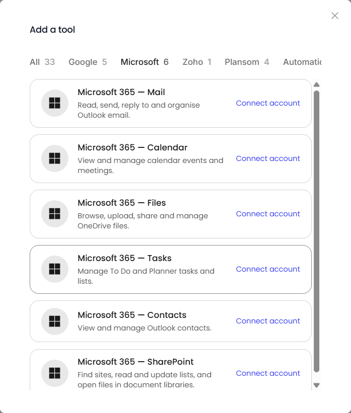 The six Microsoft 365 tools in the Microsoft tab of Add a tool
