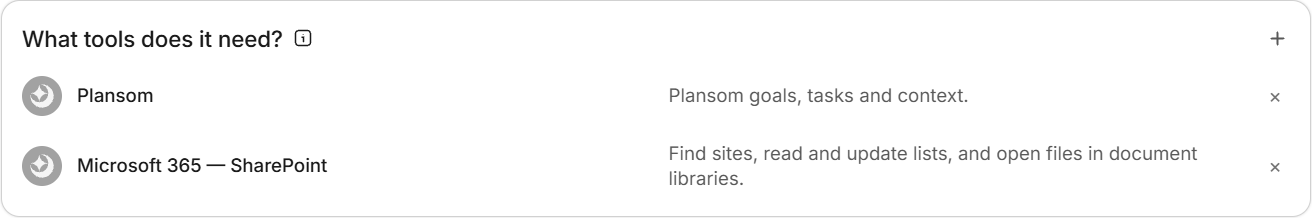 Plansom and Microsoft 365 SharePoint added as tools on an agent