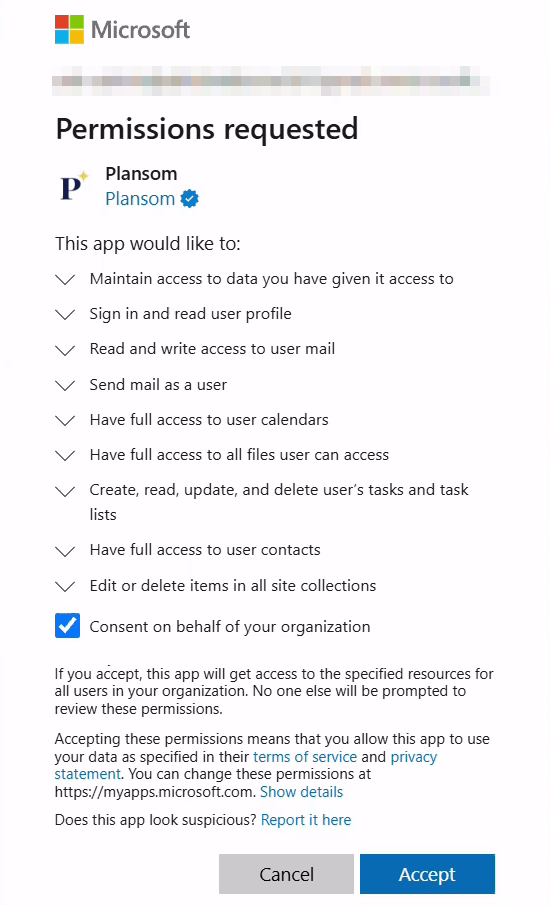 Microsoft's Permissions requested screen for Plansom