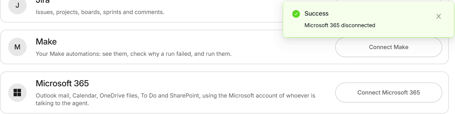 Microsoft 365 disconnected confirmation in the Connectors tab