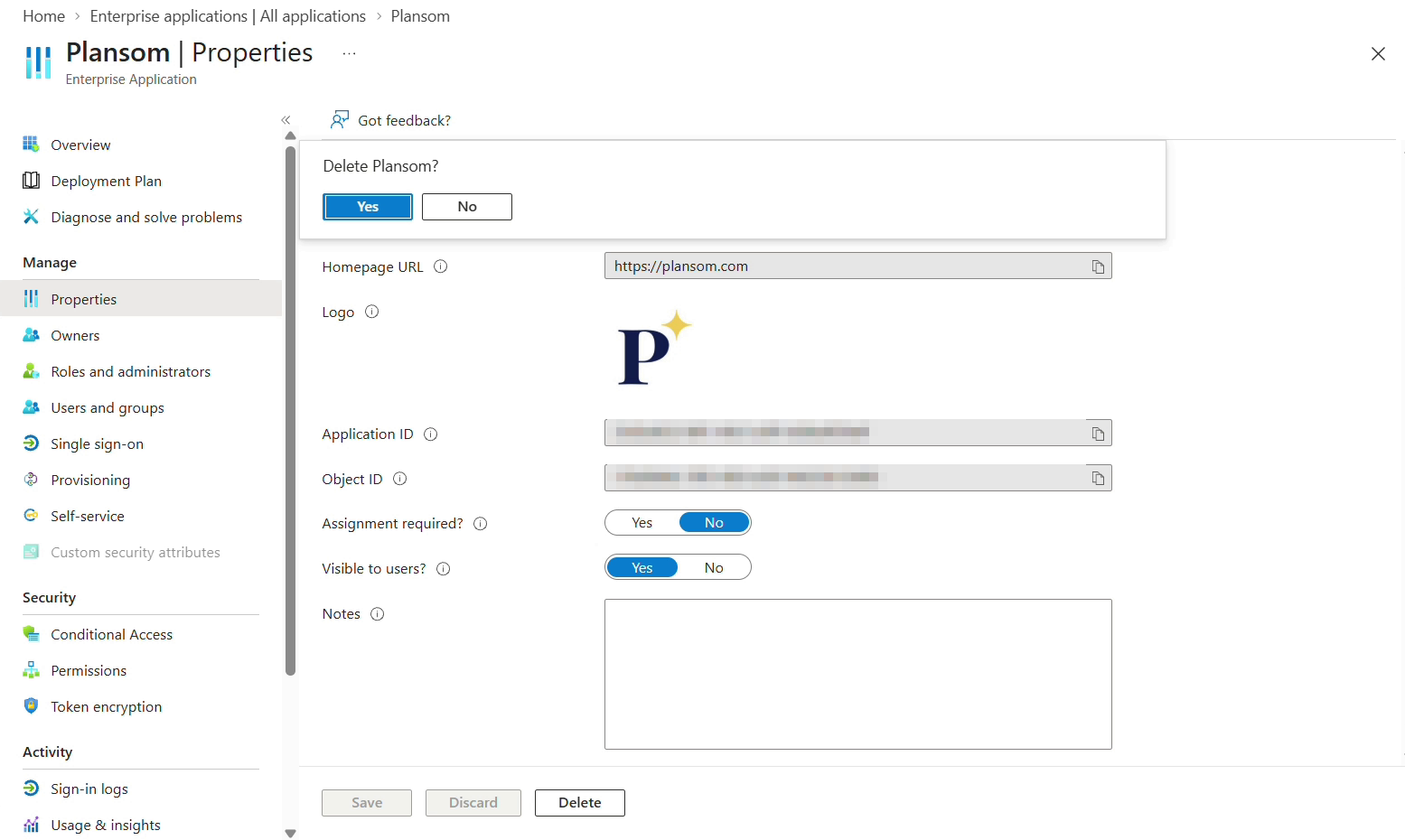 Deleting Plansom from Enterprise applications in the Microsoft Entra admin center