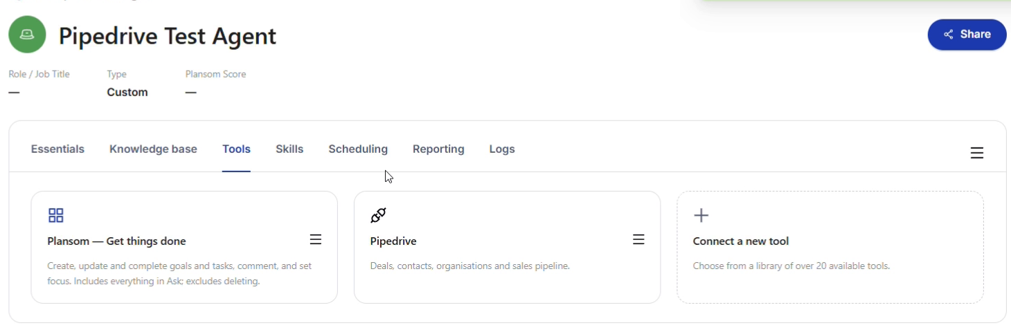 Pipedrive and Plansom added as tools on an agent