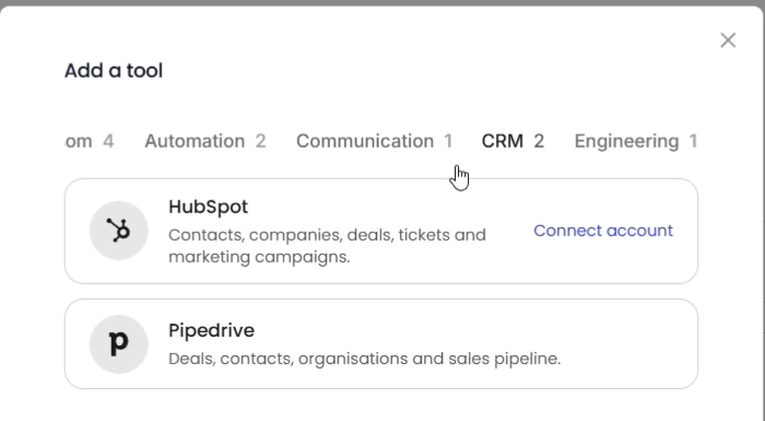 Adding Pipedrive as a tool from an agent's Tools tab