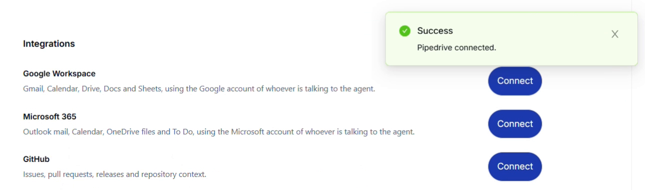 Pipedrive connected confirmation in Plansom