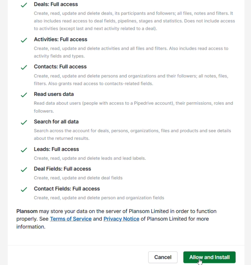 Reviewing Plansom's permissions on Pipedrive's authorization screen