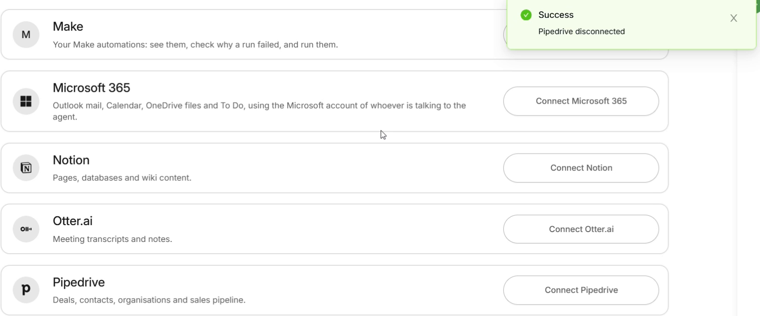 Pipedrive disconnected confirmation in the Connectors tab
