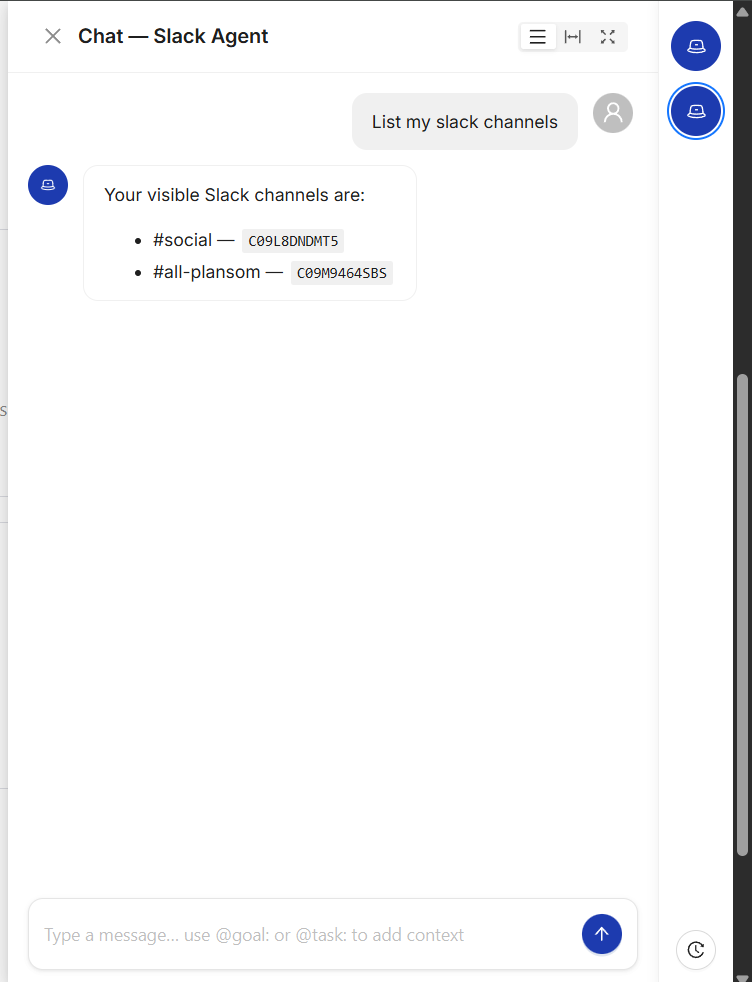 Asking a Plansom agent about Slack channels