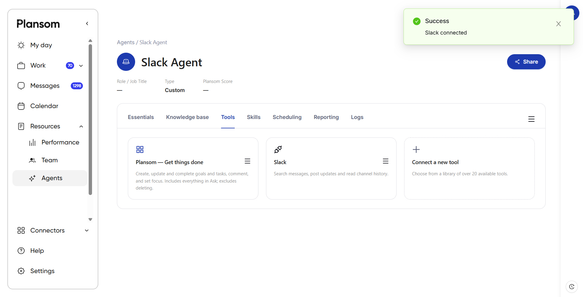 Slack added as a tool on an agent