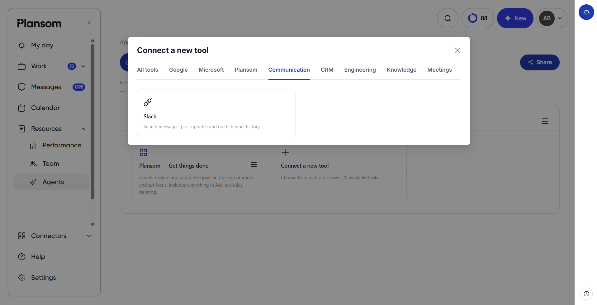 Adding Slack as a tool from an agent's Tools tab