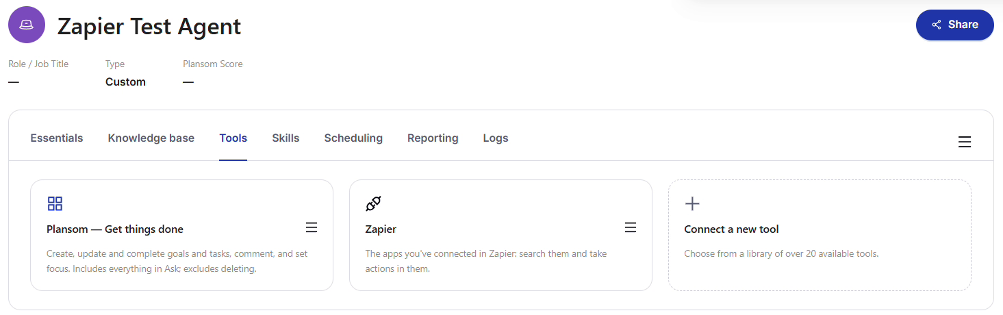 Zapier and Plansom added as tools on an agent
