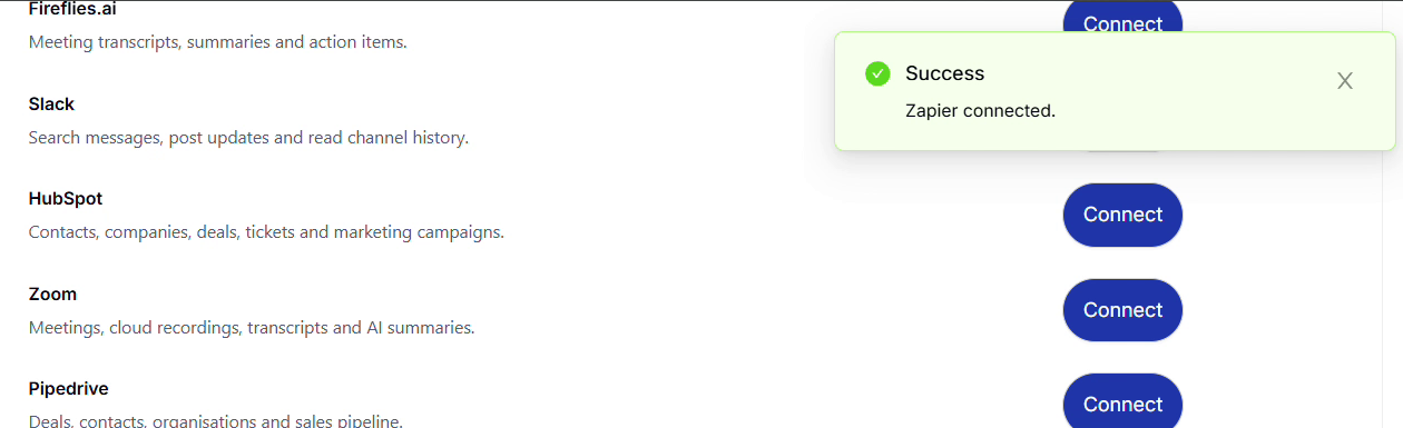 Zapier connected confirmation in Plansom Integrations