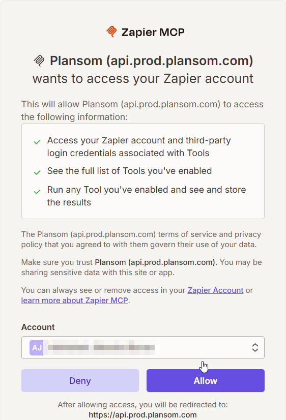 Reviewing Plansom's permissions on Zapier's authorization screen
