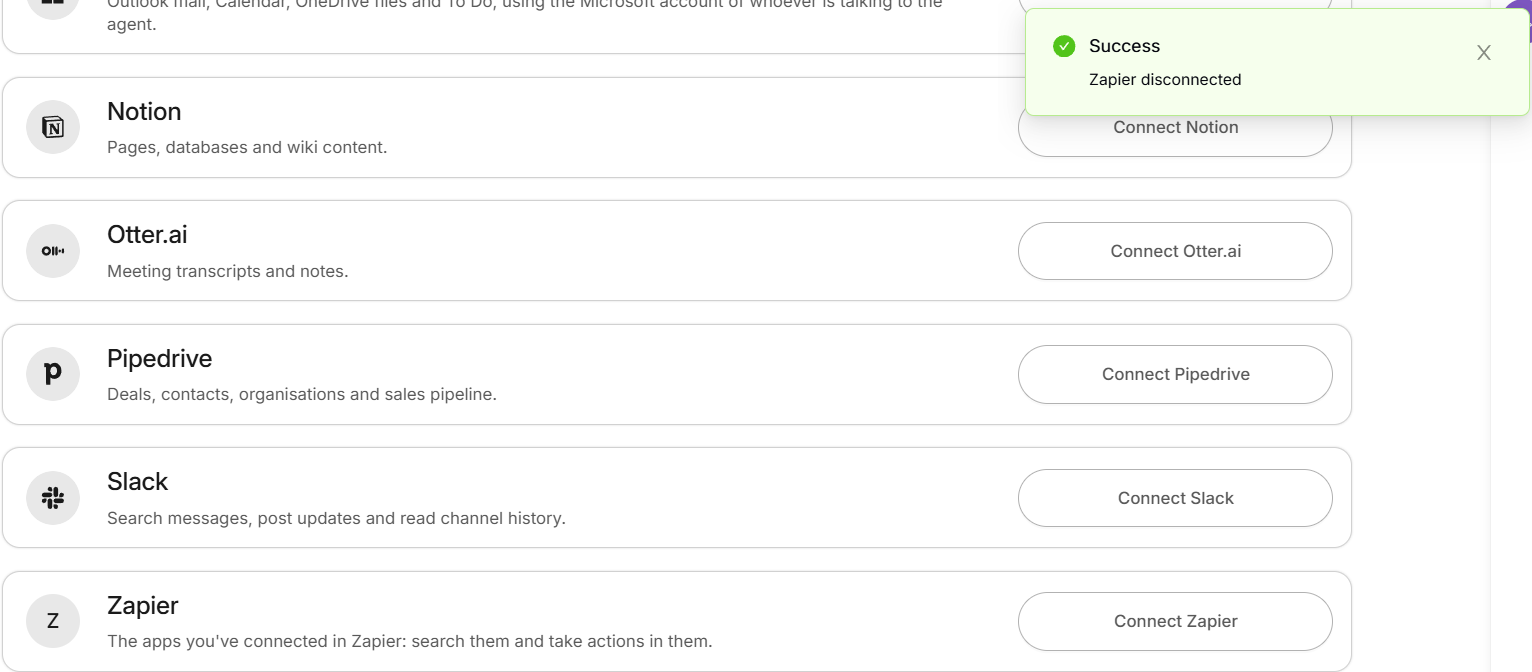 Zapier disconnected confirmation in the Connectors tab
