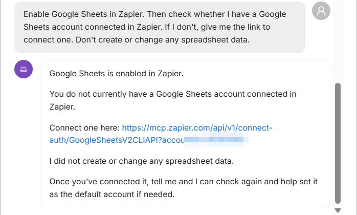 The agent enabling Google Sheets in Zapier and sharing a link to connect an account