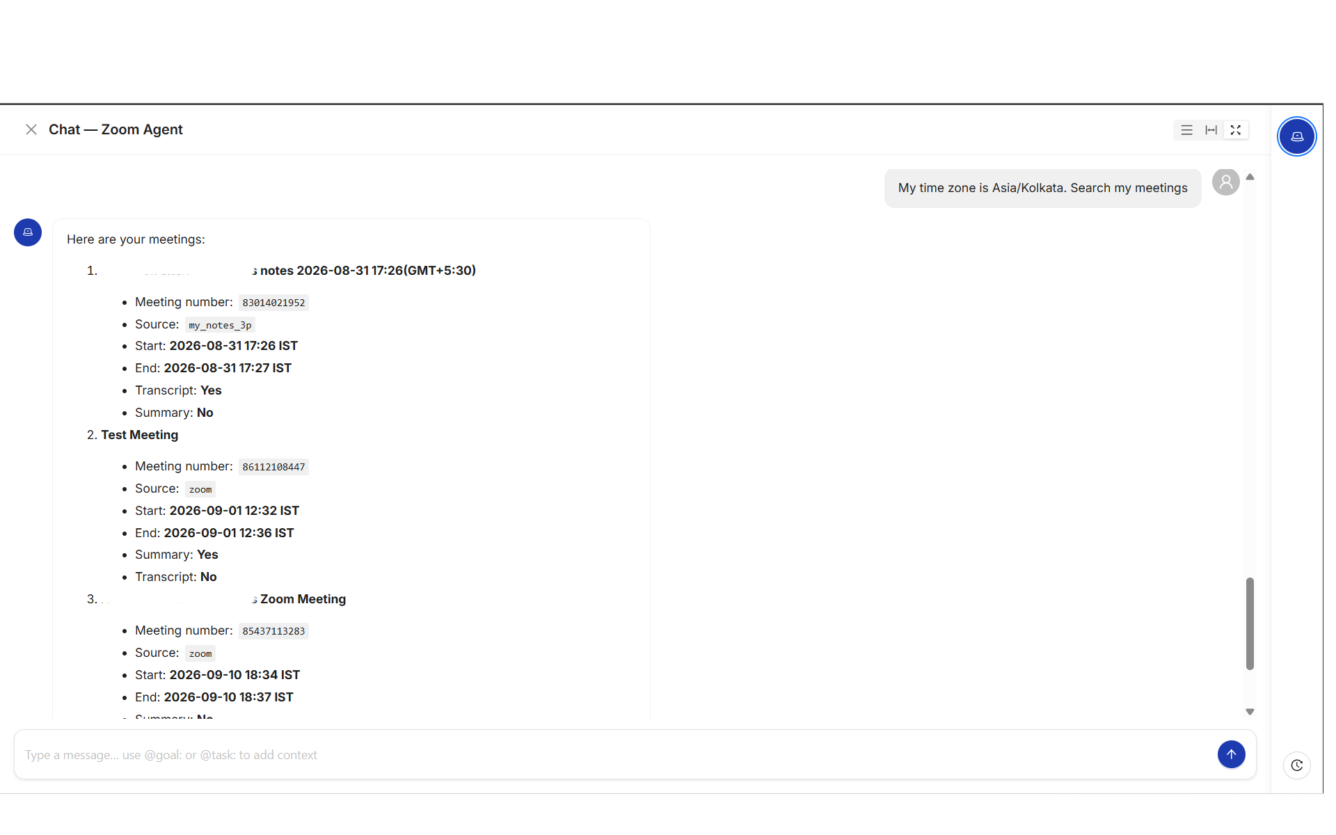 Asking a Plansom agent about Zoom meetings