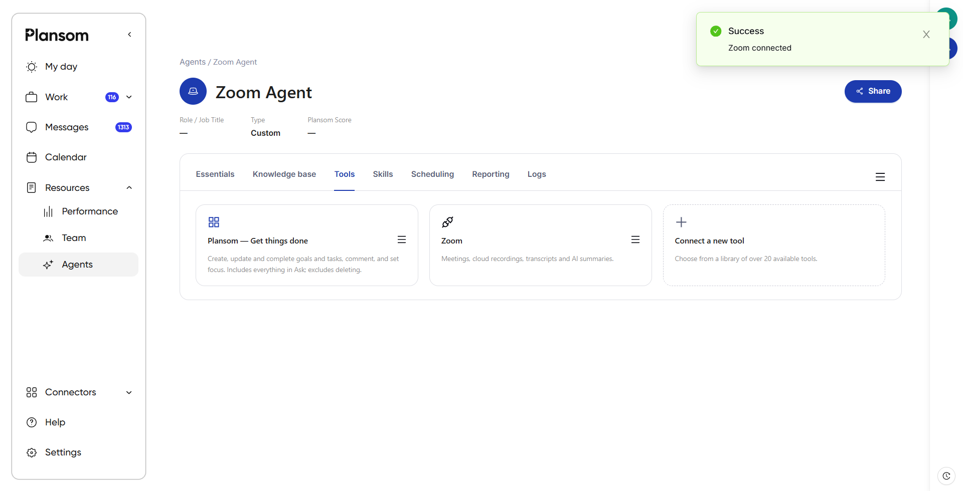 Zoom added as a tool on an agent