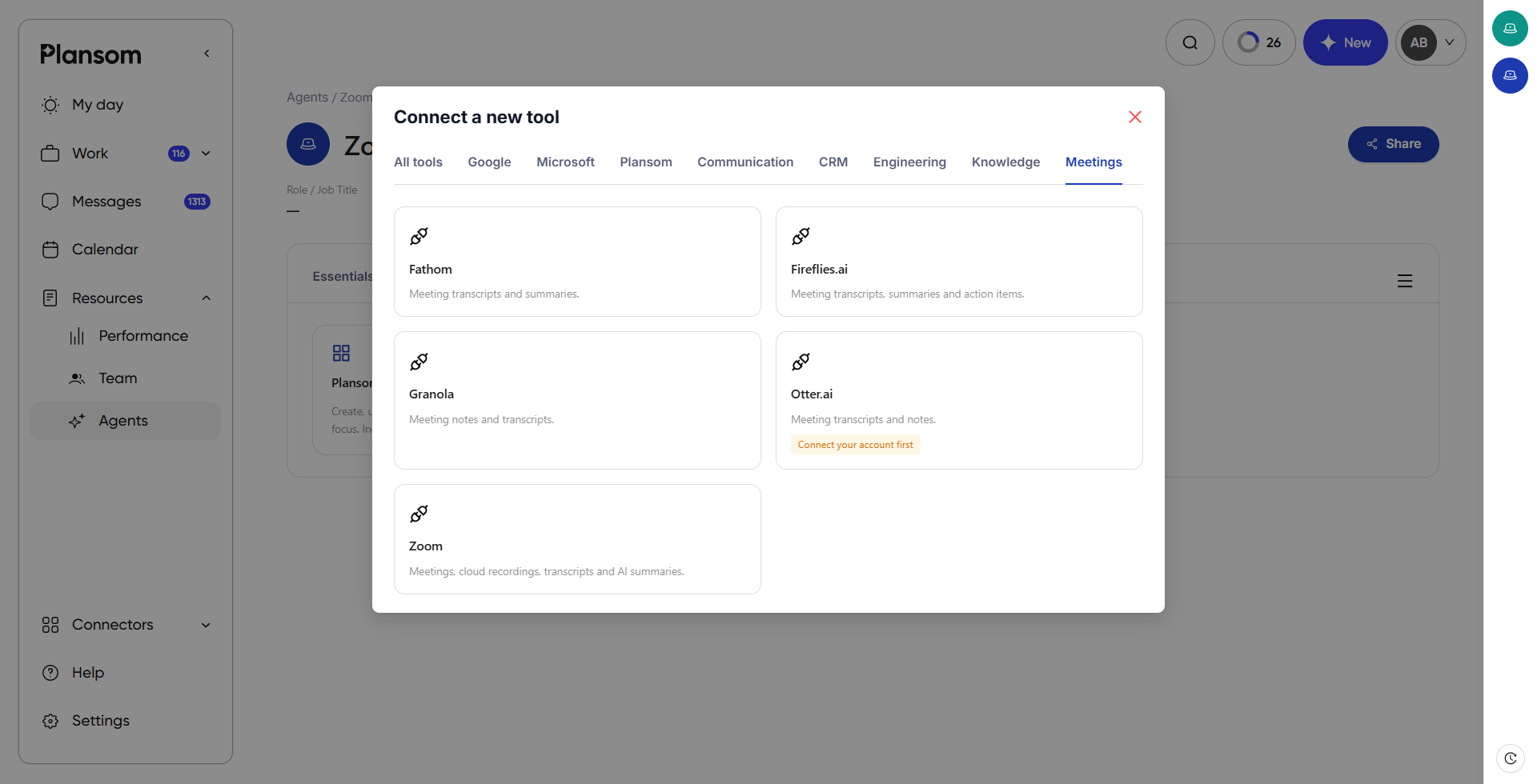 Adding Zoom as a tool from an agent's Tools tab